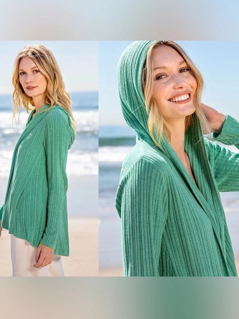 Barefoot Dreams COZYCHIC ULTRA LITE Namaste Rib Hooded Cardi Turquoise Size XS